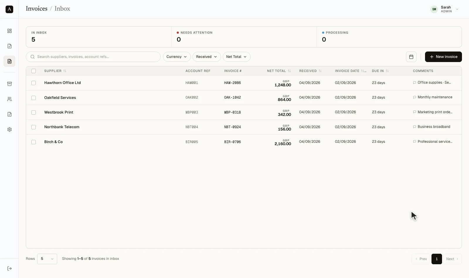 ArrowBill invoices inbox showing suppliers, invoice numbers, totals, due dates and comments.