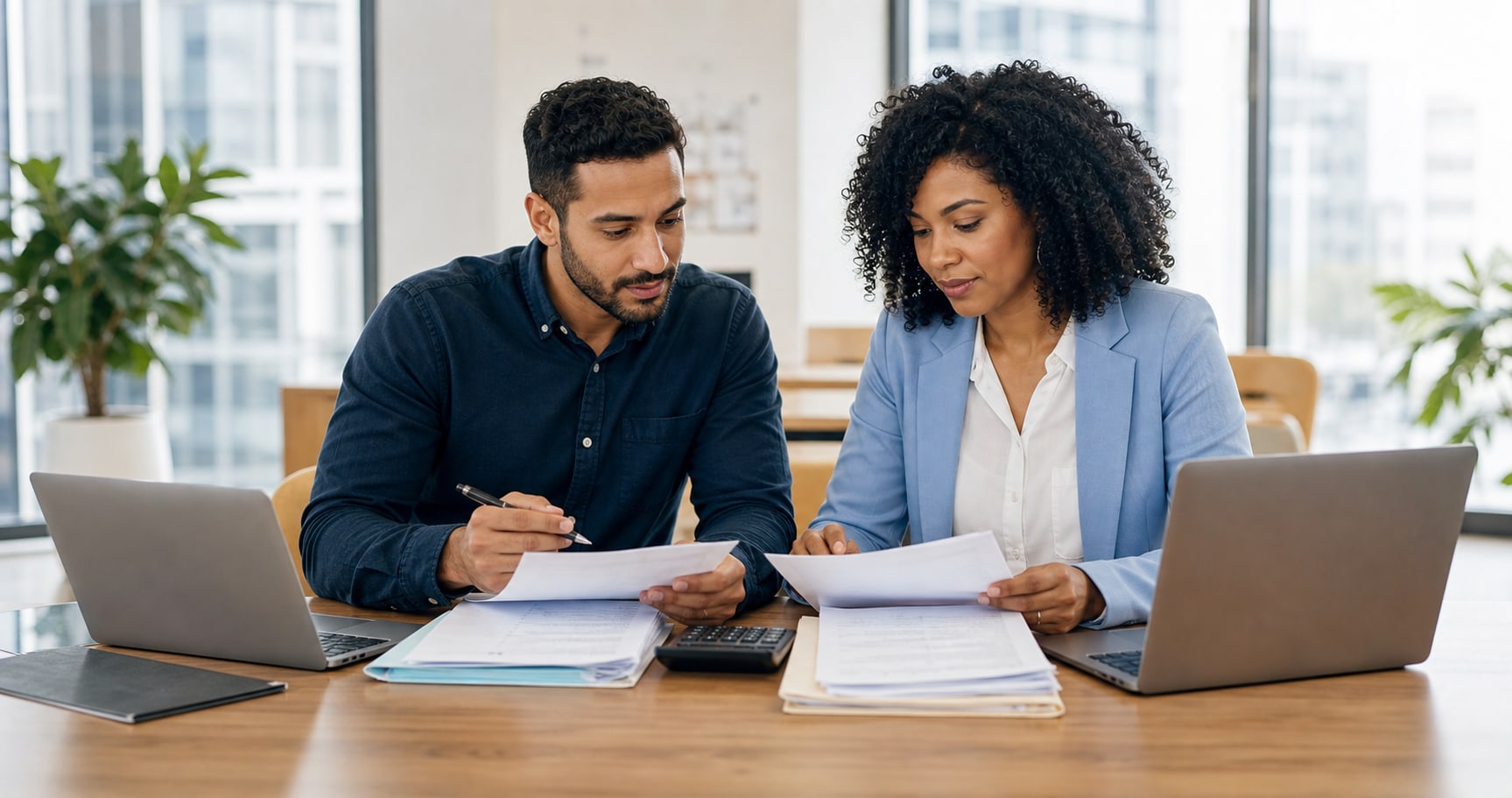Two finance colleagues comparing supplier bills and customer invoices