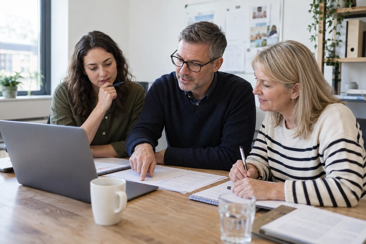 Three finance colleagues planning a software rollout with a laptop and printed checklist