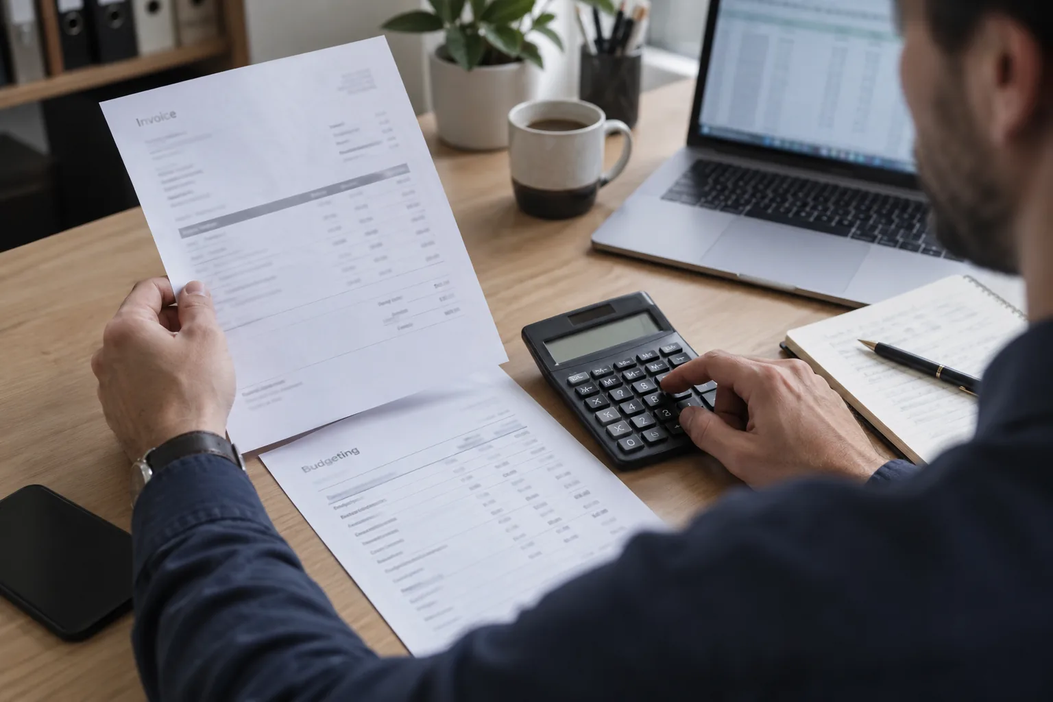 A finance manager comparing a supplier invoice and budget worksheet with a calculator and laptop