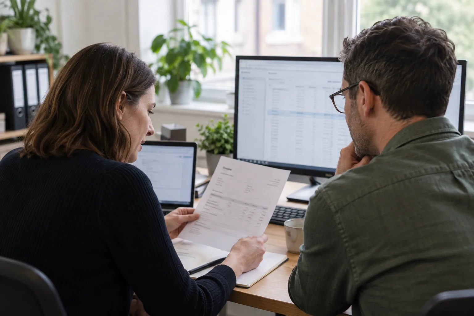 Two finance colleagues reviewing a supplier invoice beside a laptop and accounting monitor