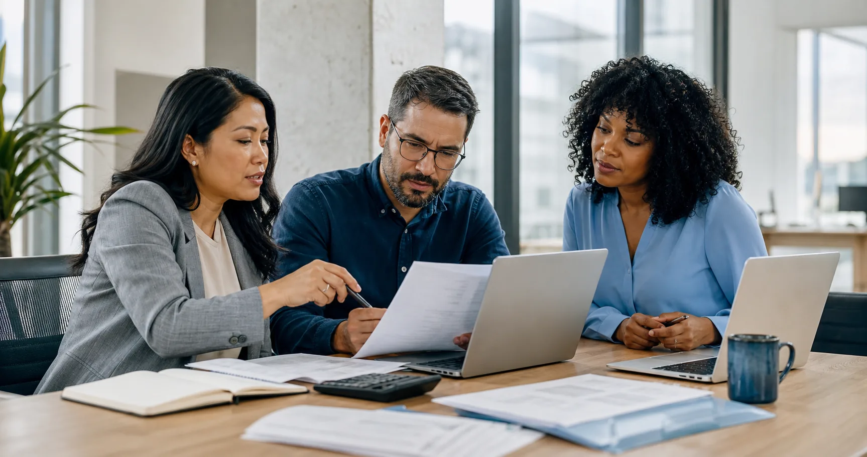 Finance colleagues reviewing supplier invoices and an accounts payable workflow together