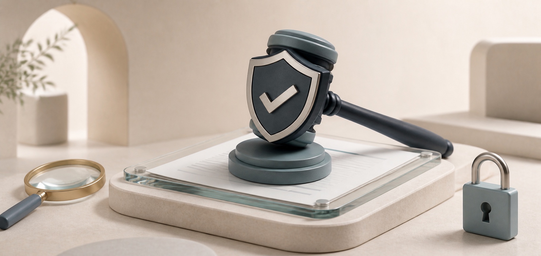 A shield-shaped approval gavel protecting an invoice beside a magnifying glass and padlock