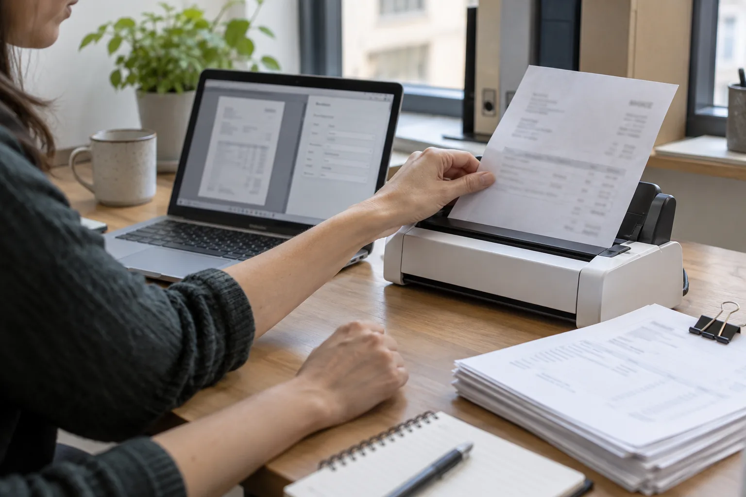 A finance colleague feeding a supplier invoice into a desktop scanner beside a laptop showing a document preview