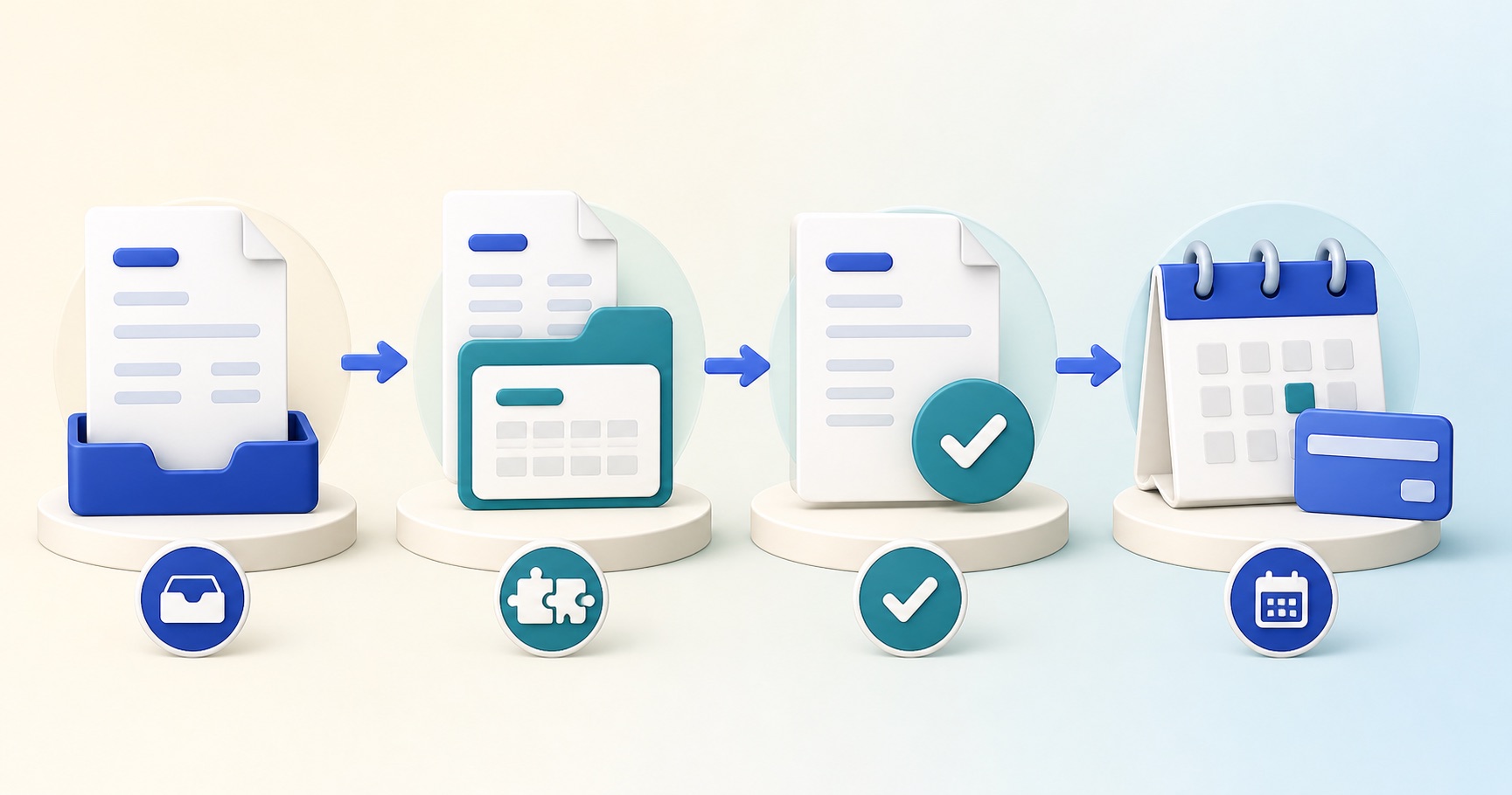 3D illustration of a supplier invoice being received, matched, approved and scheduled for payment